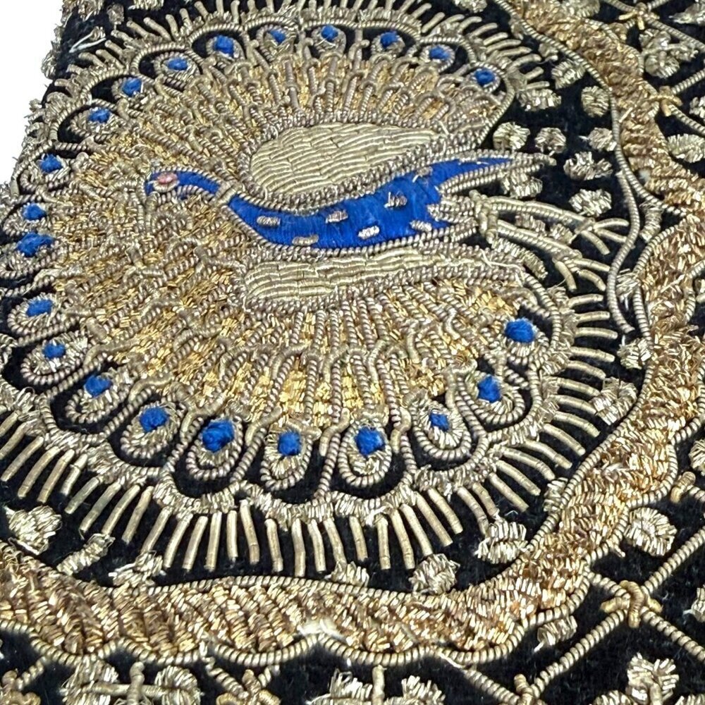 Vintage Black Velvet Peacock Gold Embroidered Beaded Floral Evening Bag Clutch - Picture 10 of 16